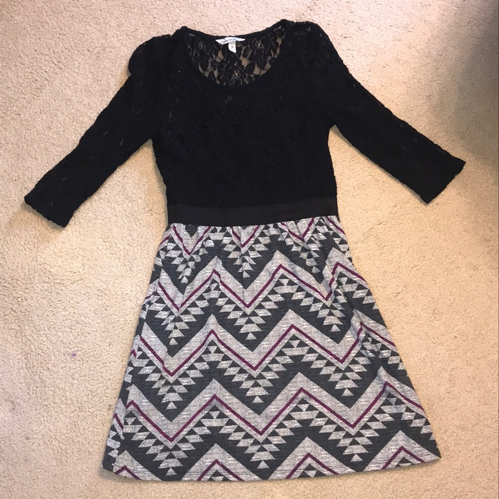 Lace-top dress, chevron skirt